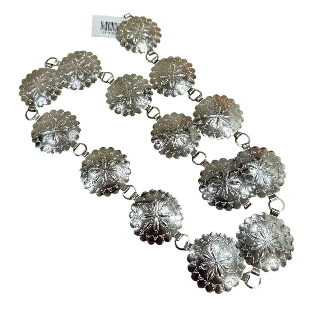 SILVER TONE METAL FLOWER SHAPED CONCHOS & CHAIN LINKS BELT 37” Long Floral